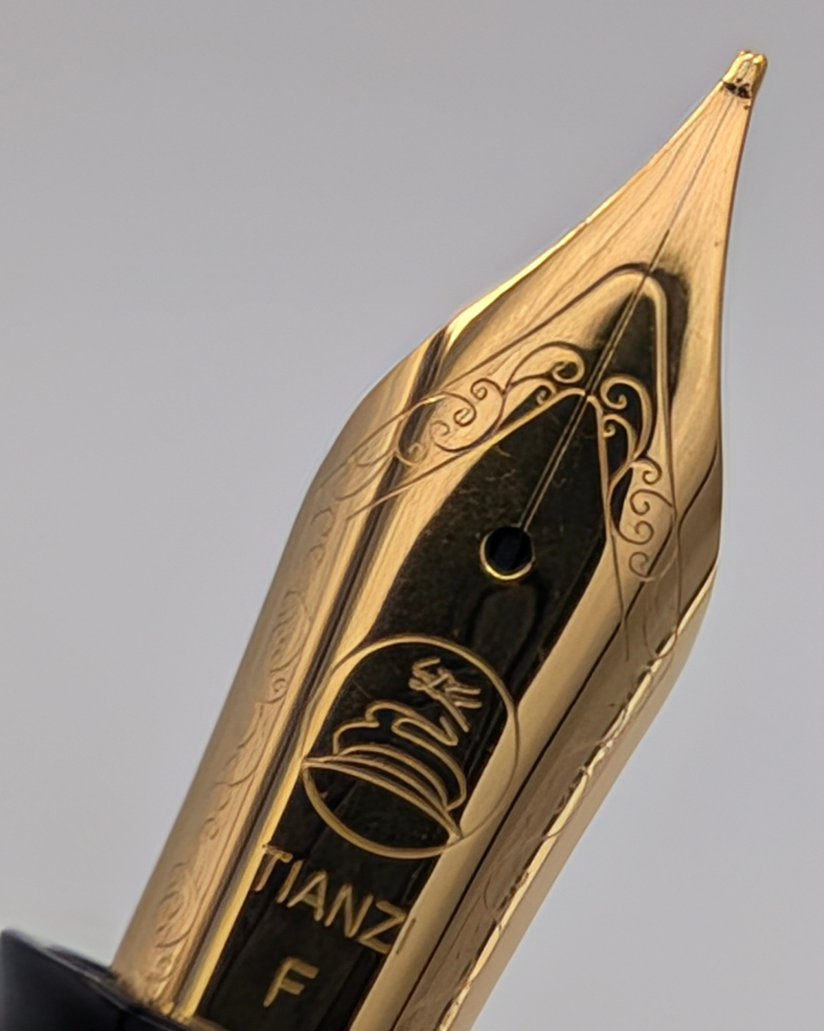 Close-up of the engraved gold-tone nib and tipping on the Liberum Star Shine