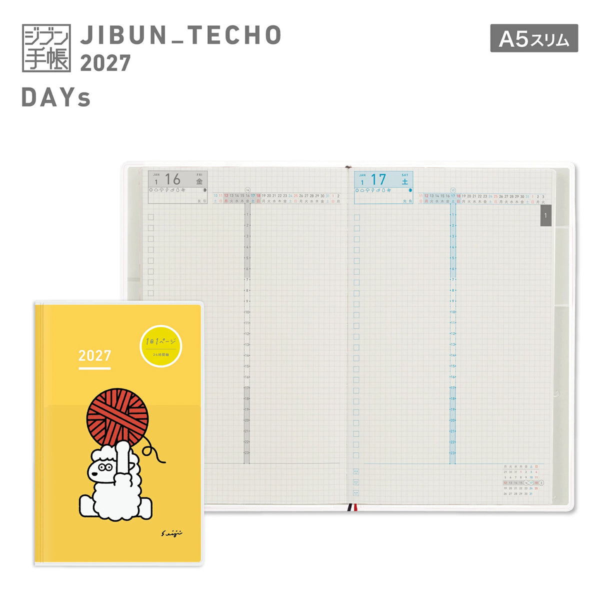 Agenda Kokuyo Jibun Techo DAYs 2027 — Édition limitée Année du mouton (Jaune), A5 Slim