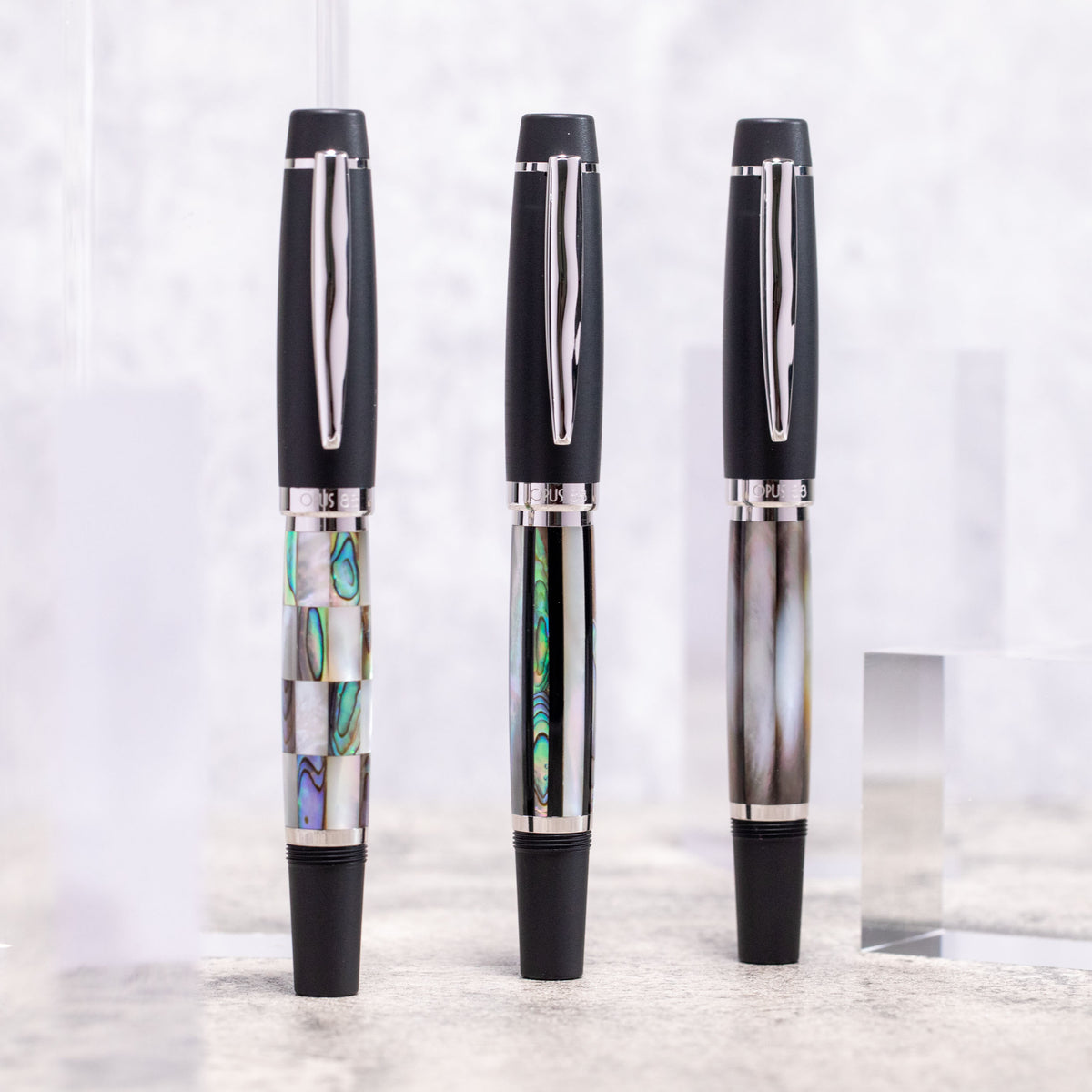 Opus 88 Premium Shell Fountain Pen — Check, Black Mother of Pearl, Stripe