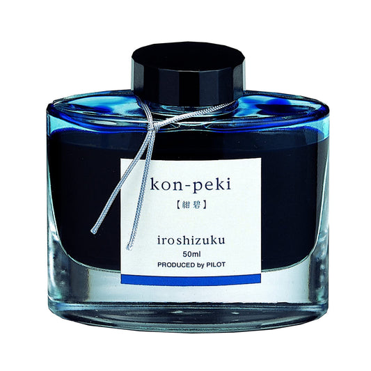 Pilot Iroshizuku Kon-peki (紺碧) — Encre stylo plume bleu céruléen vif, reflet métallique rouge (50ml)