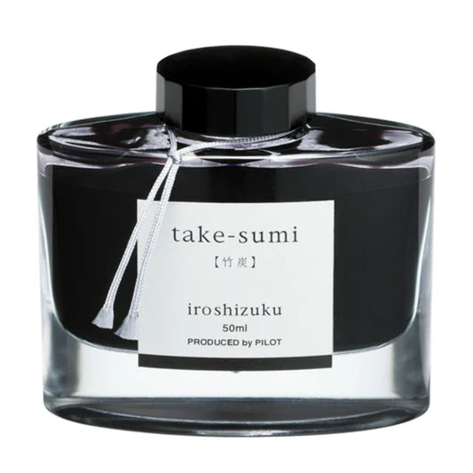 Pilot Iroshizuku Take-sumi (竹炭) — Encre stylo plume noir neutre profond, reflet métallique rouge (50ml)