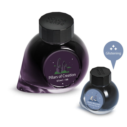 Colorverse No. 88/89 Pillars of Creation & Mystic Mountain — Deep Purple with Green Sheen & Dusty Blue with Pink Shimmer Fountain Pen Ink Set (65ml + 15ml)