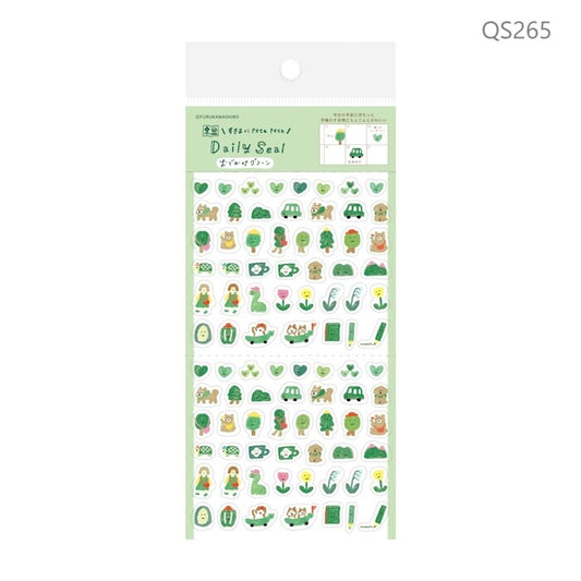 Furukawa Shiko Daily Seal sticker sheet Outing Green QS265 featuring cute hand-drawn illustrations of dogs, trees, and coffee cups for planner decoration.