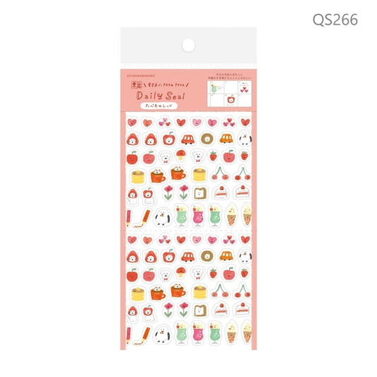 Furukawa Shiko Daily Seal sticker sheet Food Red QS266 featuring cute hand-drawn illustrations of strawberries and animals for planner decoration.