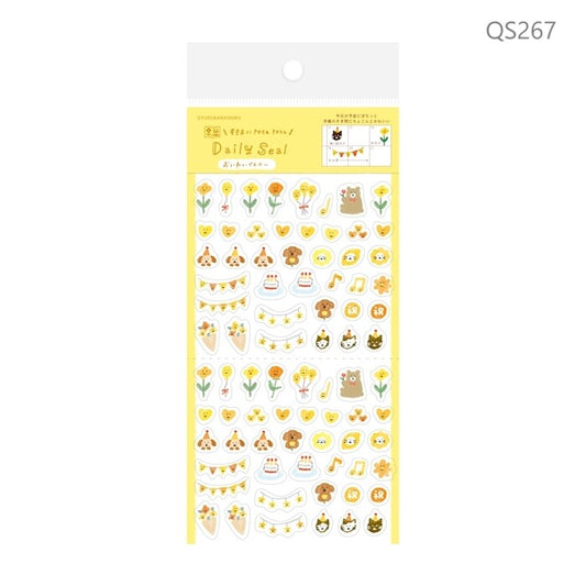 Furukawa Shiko Daily Seal clear plastic sticker sheet Celebration Yellow QS267 featuring party motifs and flowers for planner decoration.
