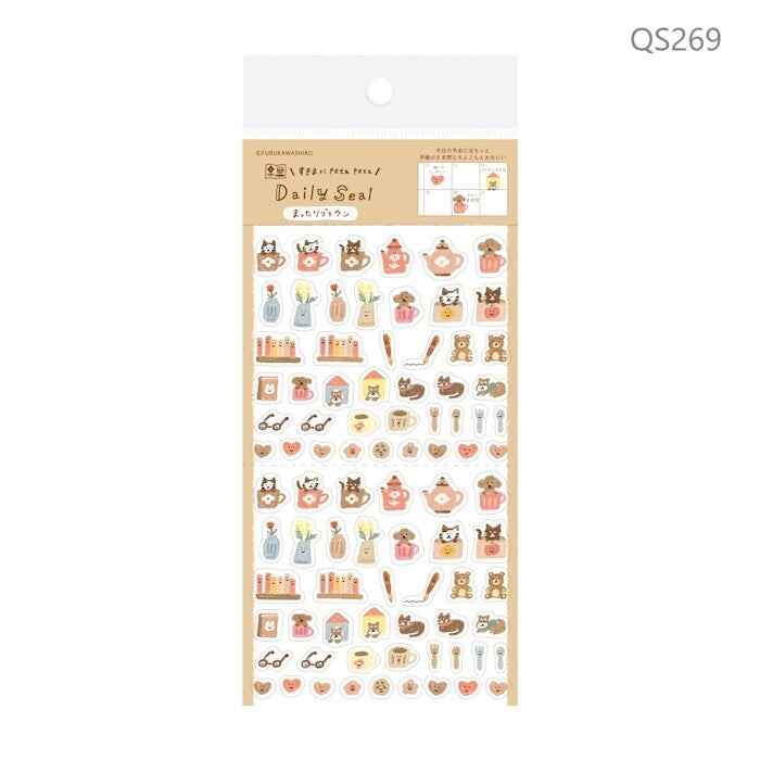 Furukawa Shiko Daily Seal clear plastic sticker sheet Relax Brown QS269 featuring cozy cats and tea motifs.