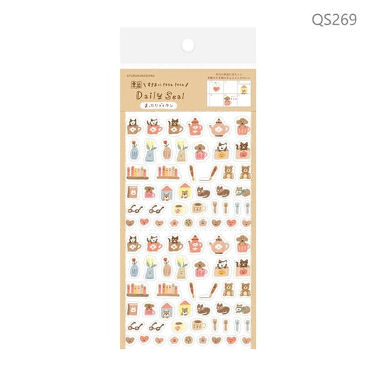 Furukawa Shiko Daily Seal clear plastic sticker sheet Relax Brown QS269 featuring cozy cats and tea motifs.