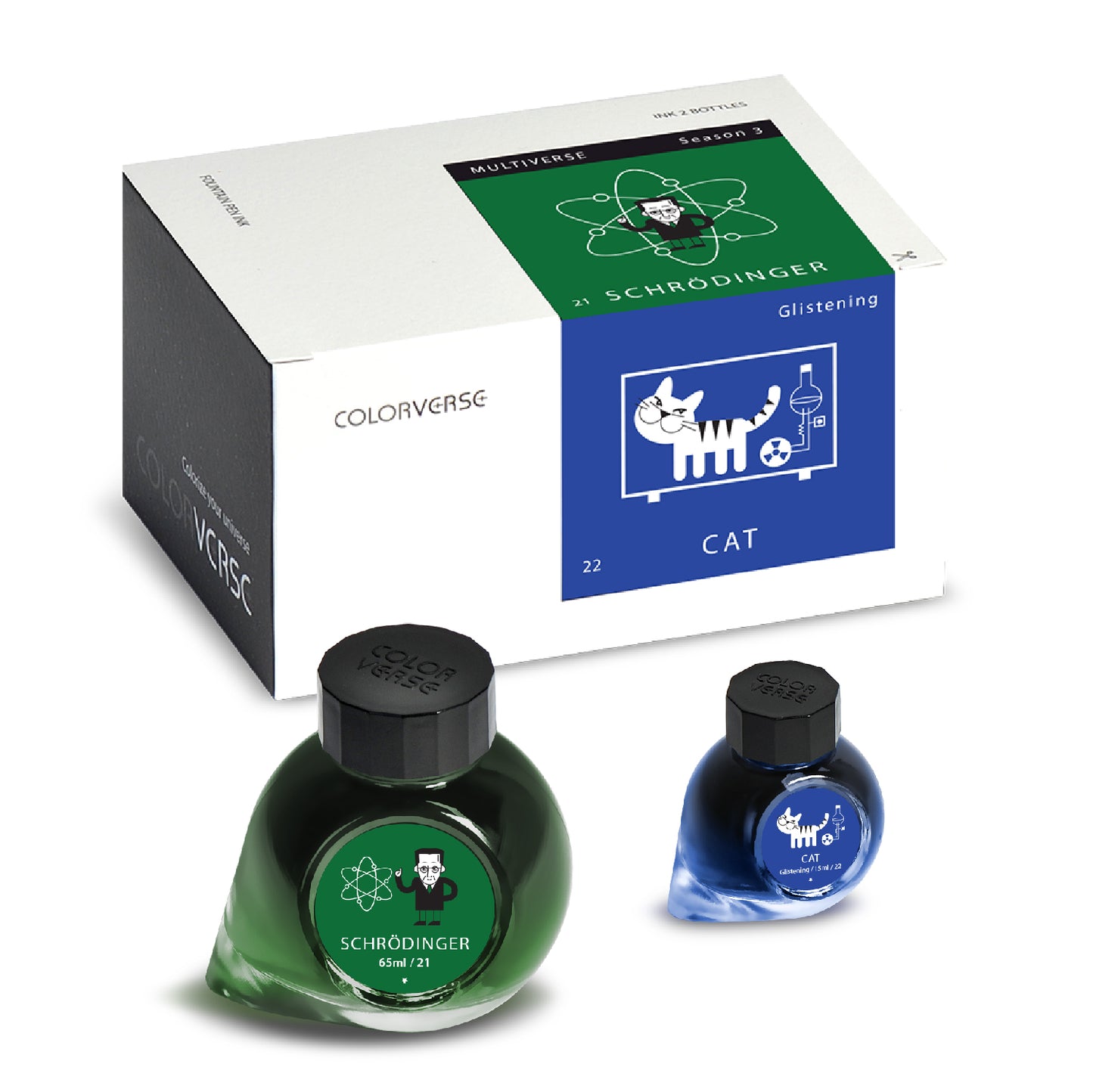 Colorverse No. 21/22 Schrödinger & Cat — Vivid Green with Colour-Shifting Sheen & Cobalt Blue with Silver Shimmer Fountain Pen Ink Set (65ml + 15ml)